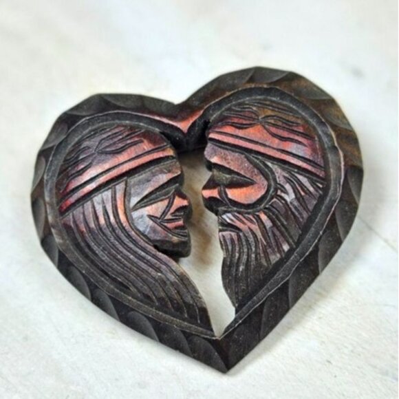 Hokkaido Jewelry - Vtg Hokkaido Wood Carved Heart brooch Artist signed Rare Jewelry dated 1965